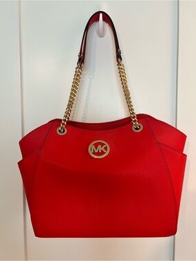 Michael Kors Red Saffiano Chain Shoulder Tote